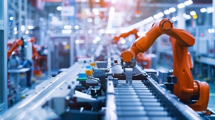 Orange industrirobotar arbetar vid ett automatiserat transportband