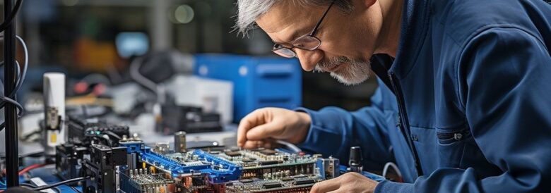 Ingenjör granskar ett elektroniskt prototypkort i en verkstad