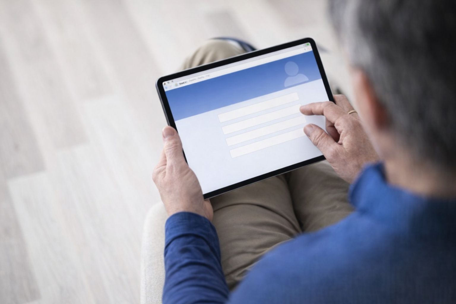 Person håller surfplatta med enkel formulärsida och tomma fält