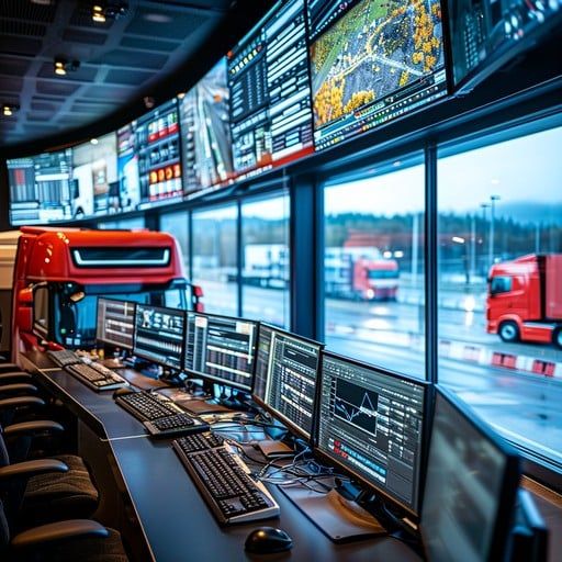 Ett modernt kontrollrum med flera datorskärmar för logistikhantering.